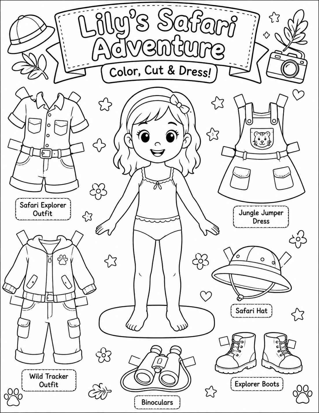 Lily's Safari Adventure — Uncolored Line Art
